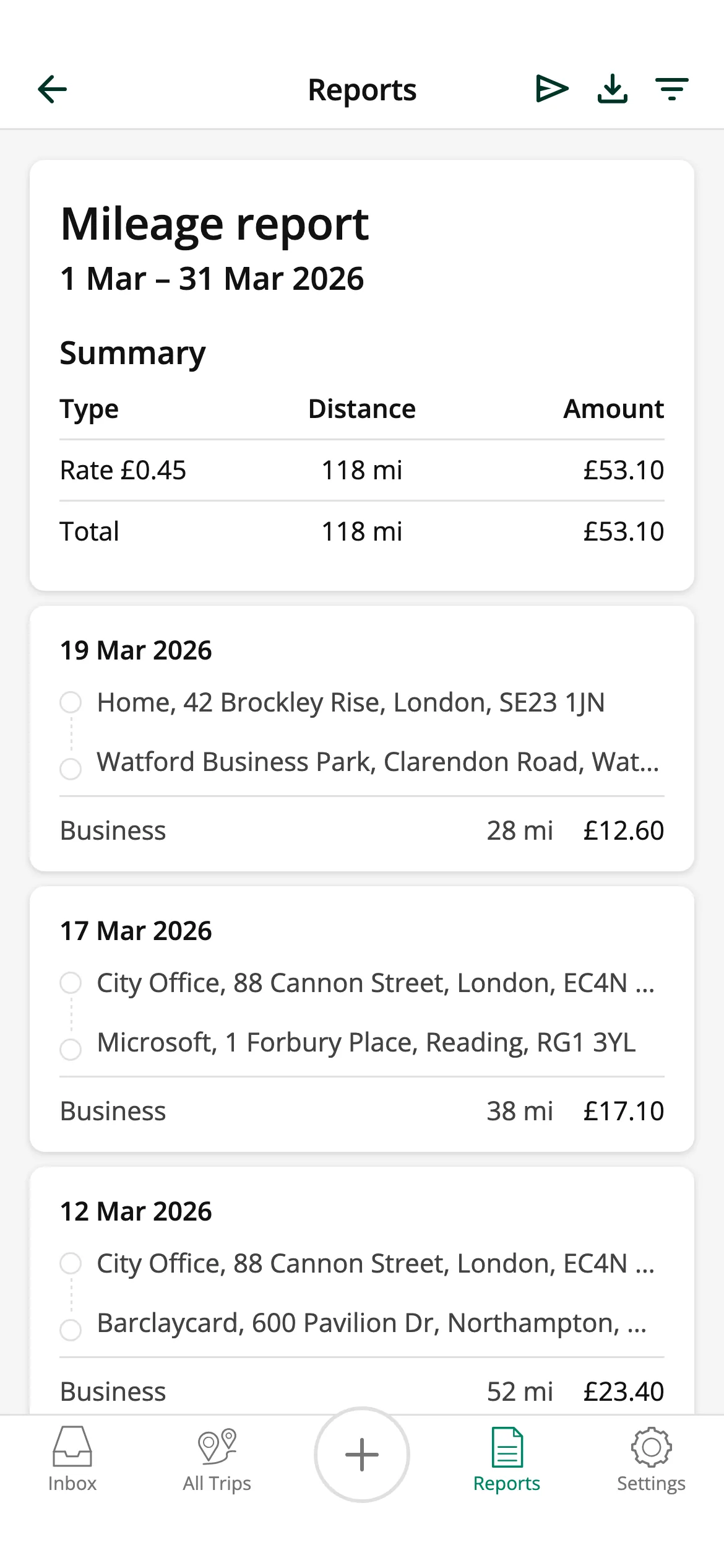 Instant mileage reports